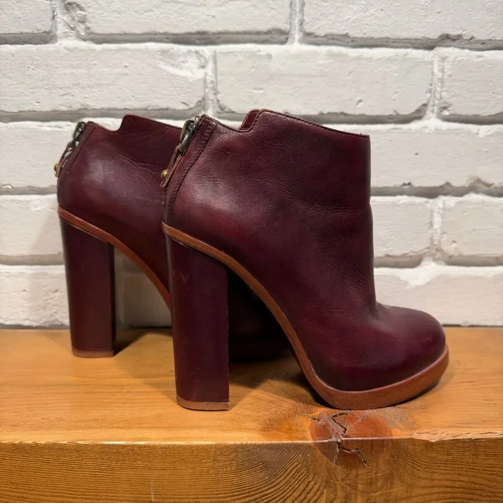 Dolce Vita Burgundy Leather Ankle Boots Chunky 70s Platform Block Heel Size 9.5